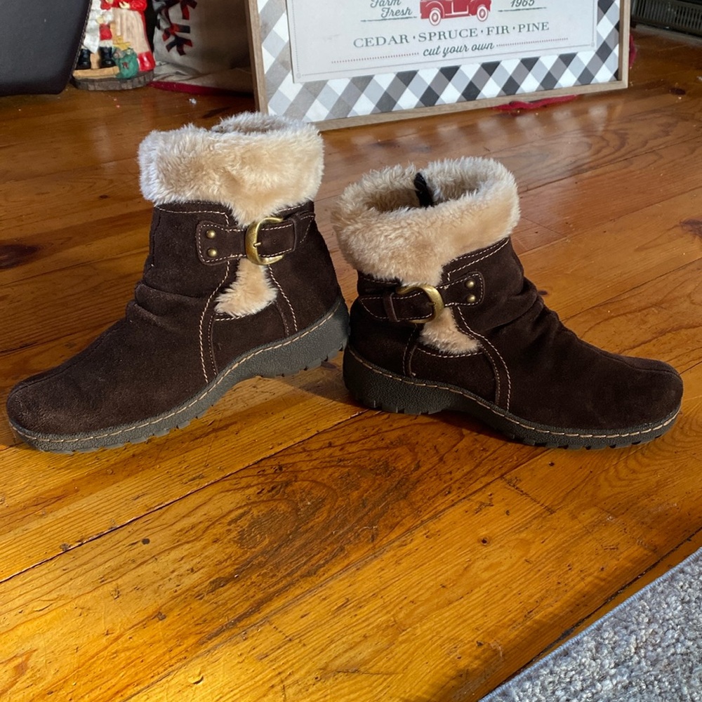 BareTraps Dark Brown Suede Faux Fur Cuff Ankle Boots